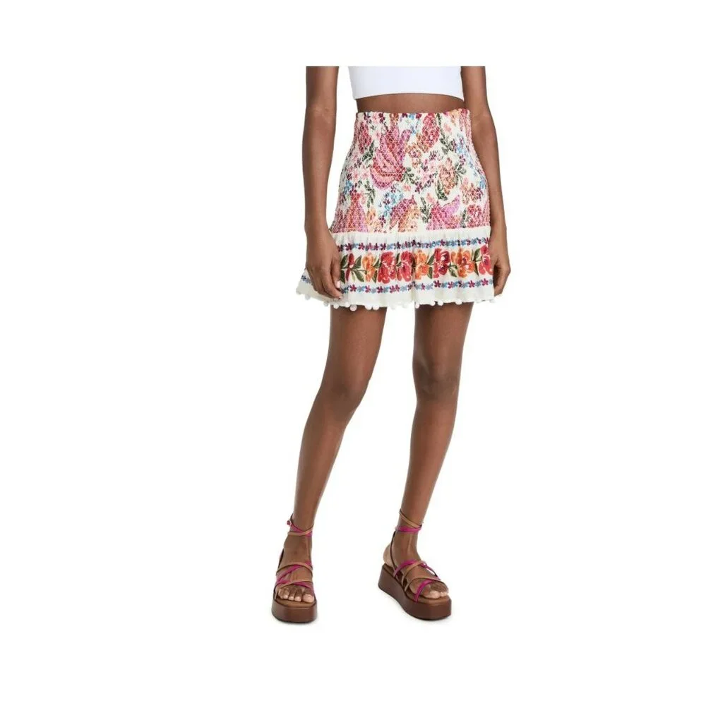 Farm Rio Spring Bananas Mini Skirt Smocked Stretch Floral Multicolor LARGE - Picture 3 of 16